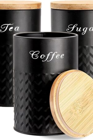 Bekith 3 Pack Kitchen Canisters with Bamboo Lids, Airtight Metal Canister Set, Food Storage Containers Jars for Coffee, Sugar, Tea, Flour, Rustic Kitchen Decor Containers, Black