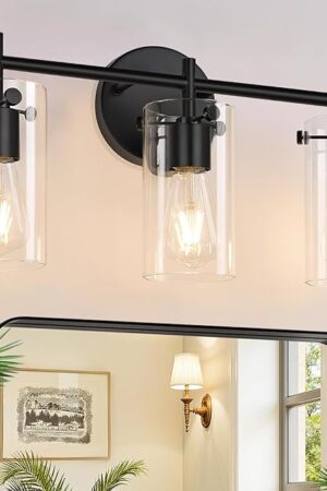 Bathroom Light Fixtures 2023 Upgrade, 3-Light Matte Black Vanity Light, Black Bathroom Lights Over Mirror with Clear Glass Shade, Wall Sconces for Mirror Bedroom Living Room Hallway