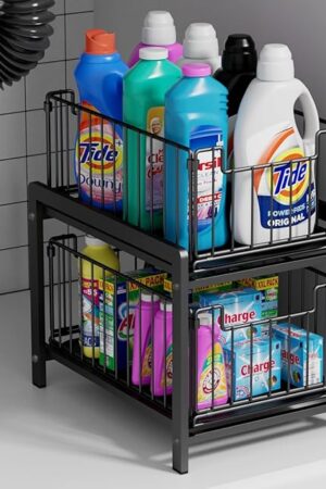 2 Tier Sliding Basket Drawer Organizer, Lxmons Pull Out Under Sink Cabinets Organizers, Metal Home Shelf for Bathroom or Kitchen, Sliding Countertop or Pantry Storage Shelf, Large Black