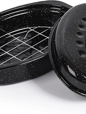 13? Roaster Pan with Lid and Rack, Small Enamel Roaster Pan with Oval Roasting Rack, Granite Baking Pot for Chicken Turkey Lamb, Heat Resistant, Oven/Dishwasher/All Stovestops Compatible