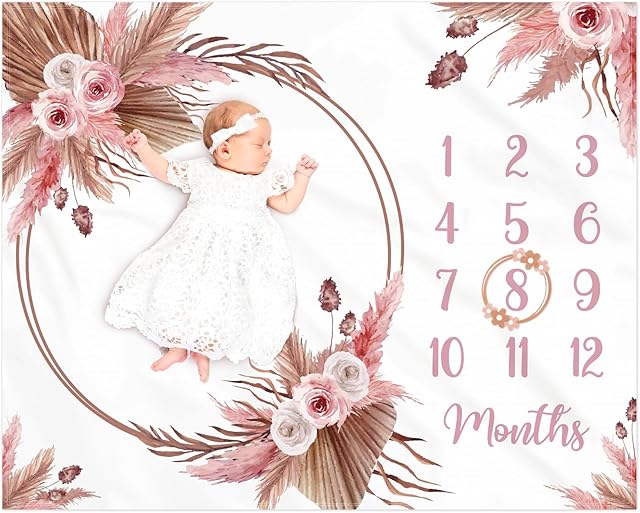 Floral Boho Baby Monthly Milestone Blanket Little Girl Bohemian Photo Prop Blanket Personalized Bliss Baby Present Pampas Grass Ideas for Newborn Princess Pinkk Nursery Décor 40" X 50"