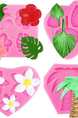 4 Pcs Tropical Flowers Leaves Mold Fan Leaf Fondant Mold Hibiscus Flower Monstera Leafage Palm Leaf Plumeria Flower Silicone Molds for DIY Chocolate Candy Cupcake Cake Topper Hawaiian Party Decoration
