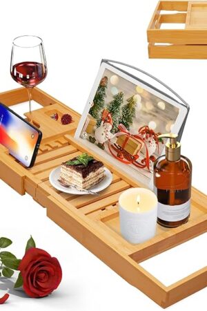 Artmalle Luxury Bathtub Caddy Tray for Tub - Foldable Bamboo Bath Table Tray with Book and Wine Glass Holder, Expandable Bathroom Accessories for Spa or Reading Lite Style