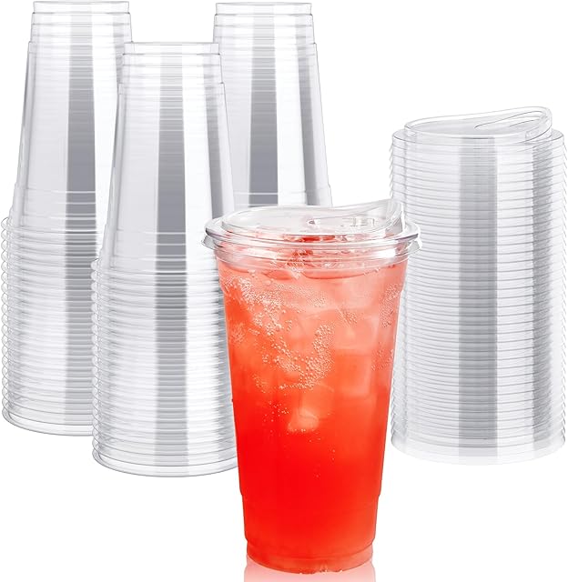 Lilymicky 60 PACK 24 oz Clear Plastic Cups With Strawless Sip Lids | for Ice Coffee | Smoothie | Slurpee | Disposable | or Any Cold Drinks