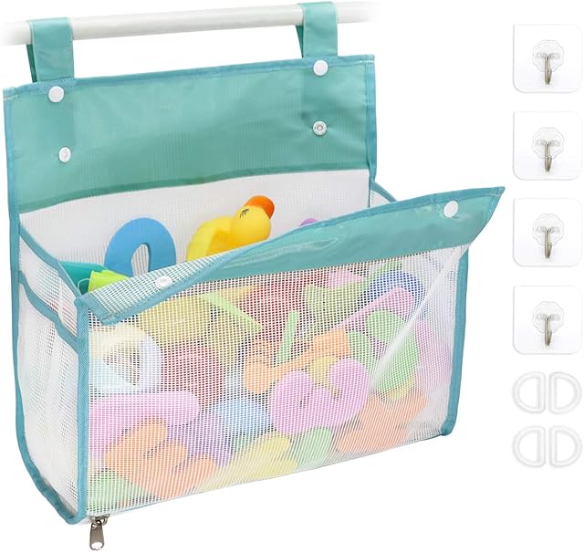 Bath Toy Organizer Multiple Ways to Hang, Extra Large Opening Bathroom Toy Holder, Bottom Zipper Bathtub Toy Storage Bag (Blue)