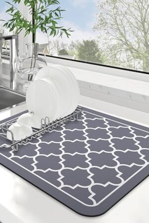 WISELIFE Dish Drying Mat Super Absorbent Drying Mat Large Dish Drying Mats for Kitchen Counter Easy Clean Dish Mat Kitchen Drying Mat15"x 18" Stylish Grey