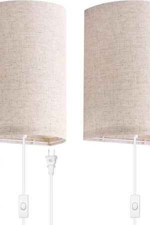 AVV Wall Sconces Set of Two, Wall Lamp Plug in with On/Off Switch, 2700K 4000K 5000K Selectable, Wall Lights for Bedroom, Living Room, Wall Decor for Bedroom, Fabric Linen Lamp Shades
