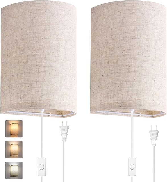 AVV Wall Sconces Set of Two, Wall Lamp Plug in with On/Off Switch, 2700K 4000K 5000K Selectable, Wall Lights for Bedroom, Living Room, Wall Decor for Bedroom, Fabric Linen Lamp Shades