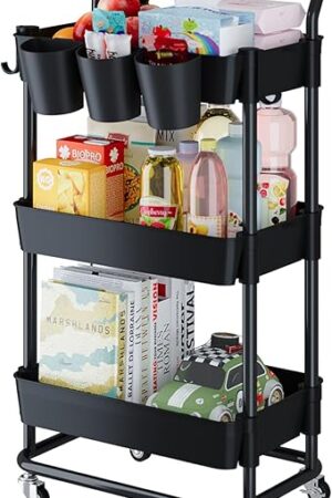 Buzowruil 3-Tier Rolling Utility Cart, Storage Cart with Handle Multi-Purpose and Locking Wheels,with Hanging Basket and Hook for Office, Kitchen, Bathroom,Black