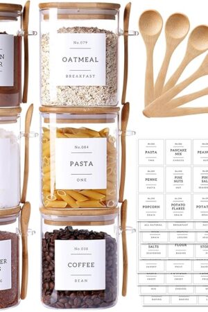 6 Pack Glass Jars with Bamboo Lid and Spoons - 17Oz/27Oz Borosilicate Glass Jars with 132 Pantry Labels - for Coffee Beans, Tea, Sugar & More