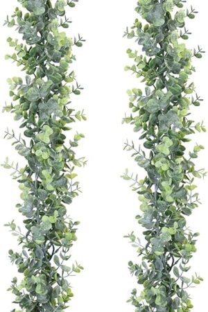 DearHouse Faux Eucalyptus Garland Plant, 2 Pack Artificial Vines Hanging Eucalyptus Leaves Greenery Garland for Wedding Backdrop Arch Wall Decor, 6 Feet/pcs UV Protected Indoor Outdoor