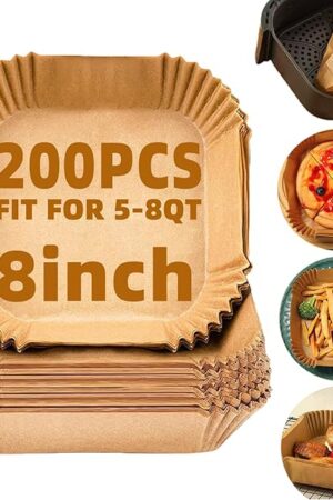Air Fryer Liners Disposable,200Pcs Parchment Paper,LYHOLKEER 8IN Disposable Air Fryer Paper Liners for 5-8QT Air Fryer, Non-Stick, Square Liners Free of Bleach