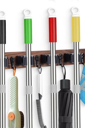 Broom Holder Wall Mount With 5 Slots & 4 Hooks，Rustic Wood Broom & Mop Hanger，Wall Mounted Garden & Garage Tool Storage Organizer Rack for Closet Laundry Room or Kitchen Wall Decor