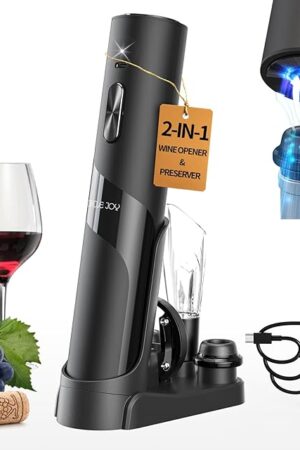 CIRCLE JOY Rechargeable Wine Opener Electric Wine Bottle Opener 7-in-1 Wine Gift Set with Electric Vacuum Pump, Charging Station, Foil Cutter, Wine Aerator Pourer and 2 Wine Stoppers