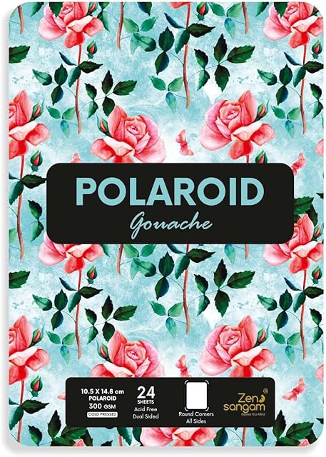 The Zen Sangam Artists’ Gouache Papers Polaroid Sheets - 300 GSM Cold Pressed - (24 Sheets) - Rough Grain Surface - Size A6(14.8x10.5cm) - Round Corner - for Gouache, Acrylics and Wet Media