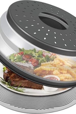 10 Inch Microwave Food Cover & Collapsible Silicone Mat - Splatter Guard, Plate Holder & Kitchen Colander for Meal Prep, Charcoal