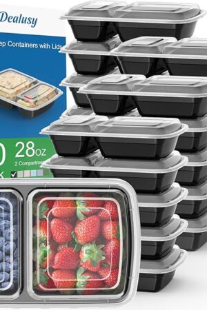 50 Pack (100-Piece) 28 oz Meal Prep Containers Reusable with Lids 2-Compartment, Sturdy Leakproof Food Safe, Microwave Freezer Dishwasher Safe, To Go Take Out Plastic Food Storage, Black
