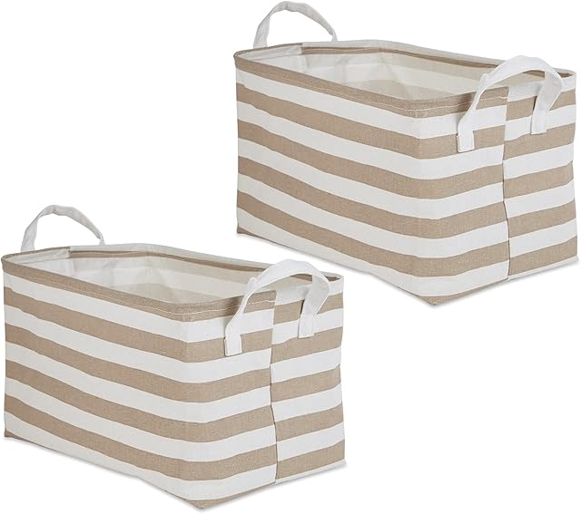 DII Laundry Storage Collection, PE Coated Collapsible Bin with Handles, Stone Stripe, Large Set, 10.5x17.5x10"