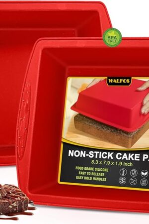 Walfos Silicone Square Cake Pan, 8 inch, Red, BPA Free, Non-Stick, Perfect for Brownies, Cakes, Bread, Pies, and Lasagna, Set of 2