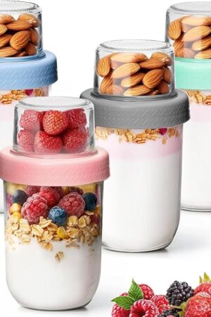 4 Pack 16 OZ Overnight Oats Containers with Lids, Dual-Layer Glass Meal Prep with Dry and Wet Separation, Airtight Food Jars for Oatmeal Yogurt Parfait Cups Cereal Nut Fruit (4)