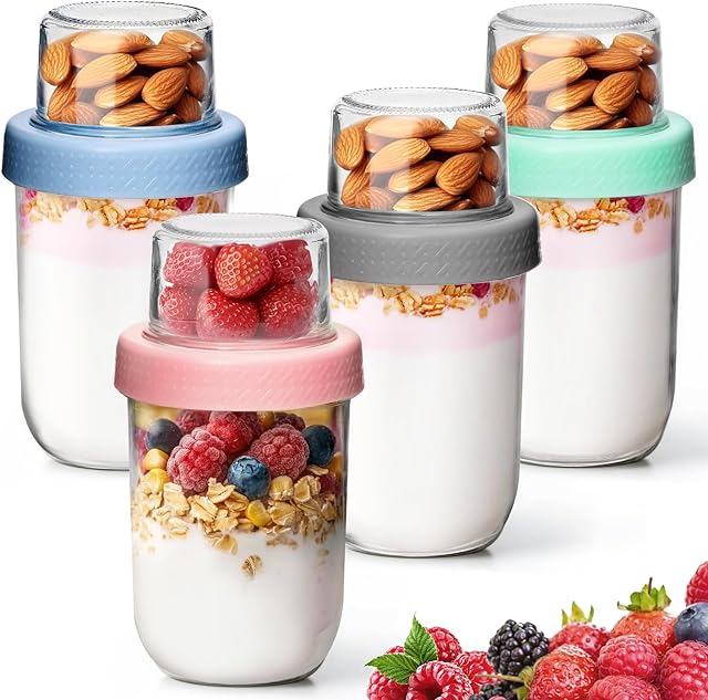 4 Pack 16 OZ Overnight Oats Containers with Lids, Dual-Layer Glass Meal Prep with Dry and Wet Separation, Airtight Food Jars for Oatmeal Yogurt Parfait Cups Cereal Nut Fruit (4)