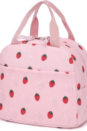 Corduroy Lunch Bag for Women Girls Lunch Tote Bags Reusable Insulated Lunch Box for Work Picnic School Travel (Pink Corduroy Strawberry)