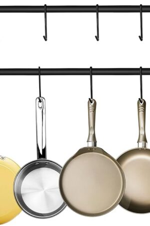Black Steel-made Kitchen Utensil Rack Organizer Wall-mounted Pot Pan Wall Hanger Holder For Hanging Rail with 10 S Hooks
