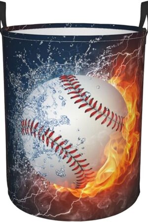 Baseball Laundry Basket for Boys, Small Collapsible Dirty Clothes Hampers for Sports Teens Girls Men Women Foldable Washing Bin with Handles, 19.6" x 15.7"