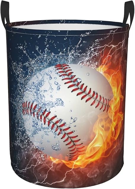 Baseball Laundry Basket for Boys, Small Collapsible Dirty Clothes Hampers for Sports Teens Girls Men Women Foldable Washing Bin with Handles, 19.6" x 15.7"
