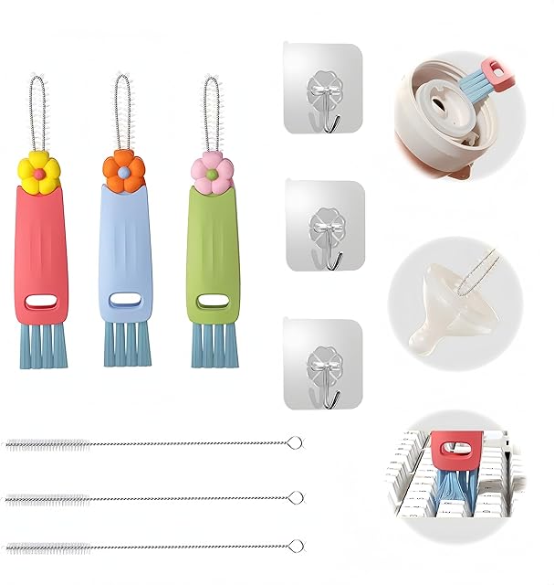 3 in 1 Cup Lid Cleaning Brush Set, 2024 New Portable Crevice Kitchen Cleaning Brush Set for Baby Bottle Crevice Tight Space Cup Lids, Rotatable Cup Lid Cleaner Mouth Scrubber