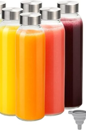 Zukro Glass Juice Bottles with Lids for Juicing 18 oz, Reusable Clear Glass Water Bottles with Stainless Steel Airtight Cap for Refrigerator, 100% Leak Proof Drinking Jar, BPA Free, Set of 6