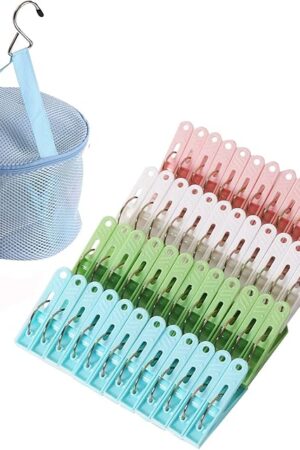 48 Pack Plastic Clothes Pins Heavy Duty Outdoor for Hanging Clothes, Colored Clothespins Clips with Springs Clothes Drying Line Pegs with Mesh Clothes pin Bag，Crafts Picture Clips Food Package Clips