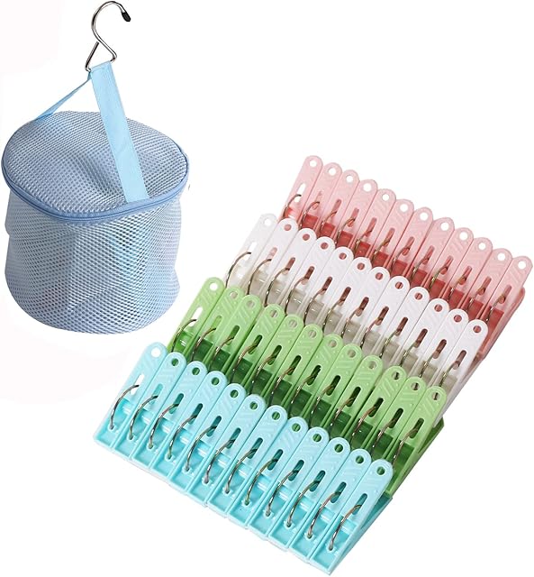 48 Pack Plastic Clothes Pins Heavy Duty Outdoor for Hanging Clothes, Colored Clothespins Clips with Springs Clothes Drying Line Pegs with Mesh Clothes pin Bag,Crafts Picture Clips Food Package Clips