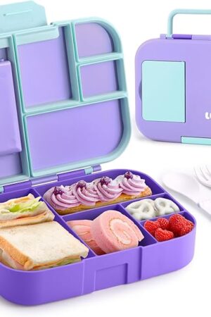 Cute Lunch Box for Girls, Toddler School Lunch Box with 5 Compartments, Kids Lunchbox Container with Utensils and Sauce Cup, Purple
