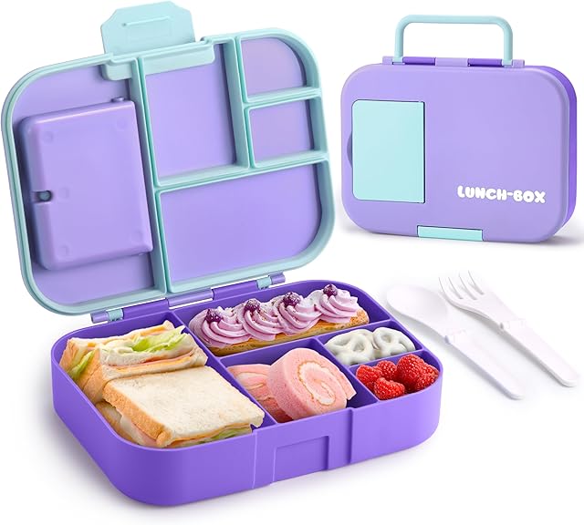 Cute Lunch Box for Girls, Toddler School Lunch Box with 5 Compartments, Kids Lunchbox Container with Utensils and Sauce Cup, Purple