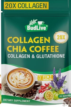 20X Collagen Chia Coffee, 11 in 1 Shape Coffee Mix with Collagen & Chia Seeds, Goji Berry, Supports Hair, Skin & Nails, Boost Beauty & Energy, Sugar Free, Vegan, Gluten-Free, 30 Servings