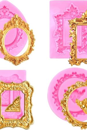 4Pcs Silicone Frame Molds for Chocolate, Mini Air Dry Clay Molds, Polymer Clay Molds, Photo Frame Molds for Crafts Cupcake Topper Cake Decoration Chocolate Candy