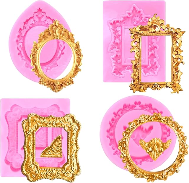 4Pcs Silicone Frame Molds for Chocolate, Mini Air Dry Clay Molds, Polymer Clay Molds, Photo Frame Molds for Crafts Cupcake Topper Cake Decoration Chocolate Candy