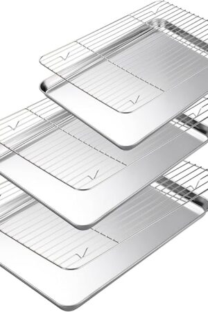 Baking Sheet with Cooling Rack Set of 6, 3 Premium Stainless Steel Cookie Sheets and 3 Wire Racks, Kitchen Nonstick Baking Pans Set Includes 3 Different Sizes, Heavy Duty Non Toxic