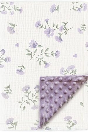 BOPRIO Baby Blankets for Unisex Boys Girls Super Soft Nursery Minky Blankets with Breathable Muslin Cotton Front and 3D Touch Dotted Fleece Backing, Floral Printed Bed Throws Newborn 30 x 40 Inch