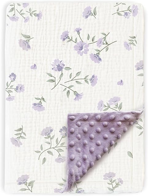 BOPRIO Baby Blankets for Unisex Boys Girls Super Soft Nursery Minky Blankets with Breathable Muslin Cotton Front and 3D Touch Dotted Fleece Backing, Floral Printed Bed Throws Newborn 30 x 40 Inch