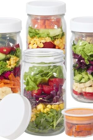 4Pack Glass Salad Jars with lids meal prep- 32oz Leakproof container for lunch | Comes with 2 Built-In Compartments for Wet/Dry Separation | salad dressing and dry ingredients storage.