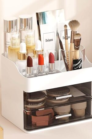 Delamu Makeup Organizer Countertop, 3-Tier Large Capacity Bathroom Counter Organizer with 2 Clear Drawers for Easy Access, Ideal for Makeup, Skincare, Lipsticks, Office Supplies, Present, etc, White