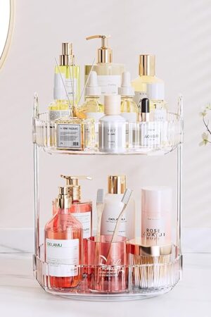 Delamu Rotating Bathroom Countertop Organizer, Large Capacity 2-Tier Multi-Function Storage for Cosmetics, Skincare, and Perfume. Makeup Organizer Countertop Ideal for Dresser, Bathroom,Vanity, Clear
