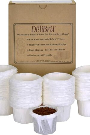 Delibru K Cup Disposable Paper Filters 300 Pack Fits With All Reusable Coffee Pods - Compostable and Disposable Coffee Filters for Keurig Single Cup