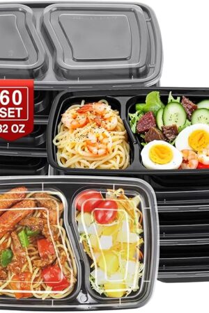 60 Sets 32oz Meal Prep Containers 2 Compartment - Plastic Food Storage Containers 2 Compartments with Lids