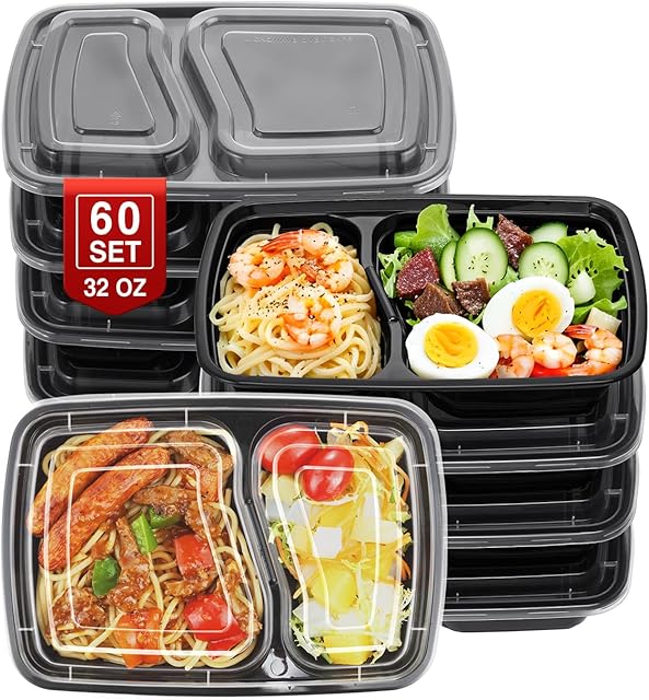 60 Sets 32oz Meal Prep Containers 2 Compartment - Plastic Food Storage Containers 2 Compartments with Lids