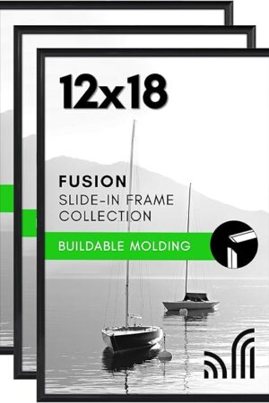 Americanflat 12x18 Poster Frame with Polished Front Cover - Set of 3 - Slide-In Photo Frame with Buildable Molding - Fusion Collection - Picture Frames for Wall Display - Black