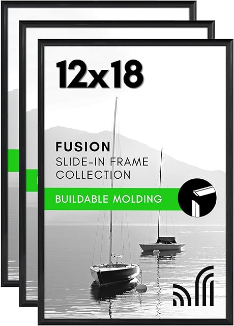 Americanflat 12x18 Poster Frame with Polished Front Cover - Set of 3 - Slide-In Photo Frame with Buildable Molding - Fusion Collection - Picture Frames for Wall Display - Black