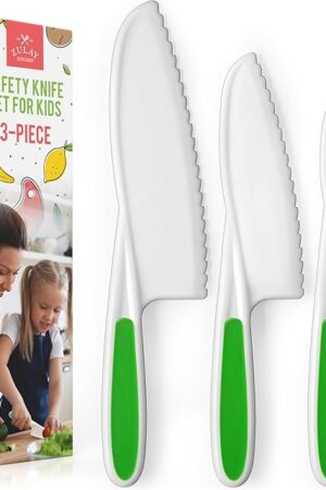Zulay 3-Piece Kids Knife Set for Real Cooking & Baking - For Toddler Cutting Fruits, Veggies, & Cake - Children’s Montessori with Serrated Edges - Safe & Fun Lettuce Knife (Green)